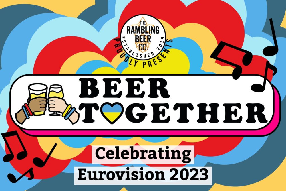 Beer Together - two people cheers with beer with wristbands representing the colours of the cities of Liverpool and Ukraine. Celebrating Eurovision 2023 with tours and tastings in Liverpool during Eurovision. 